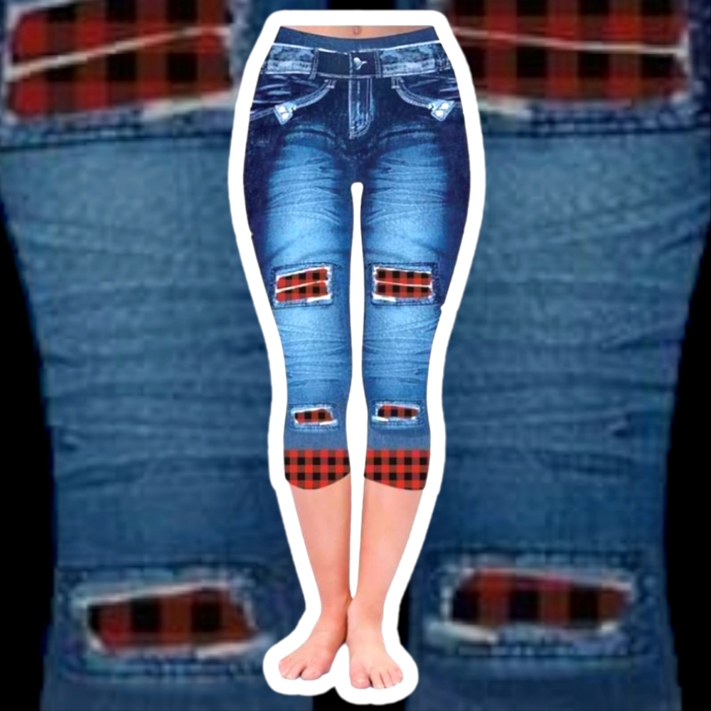 Faux denim Buffalo Plaid peek-a-boo capri legging